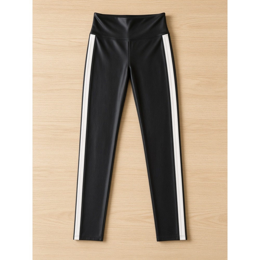 Spanx Faux Leather Side Stripe Leggings Black White High Waisted Women Large
